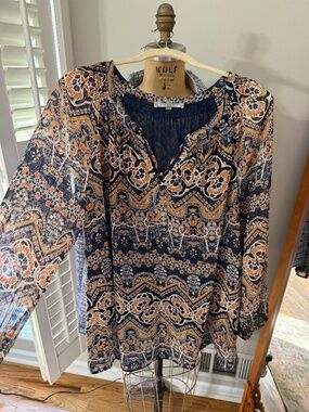 Daniel Rainn Top w/ 3/4 Sleeves, Pleated Neckline,